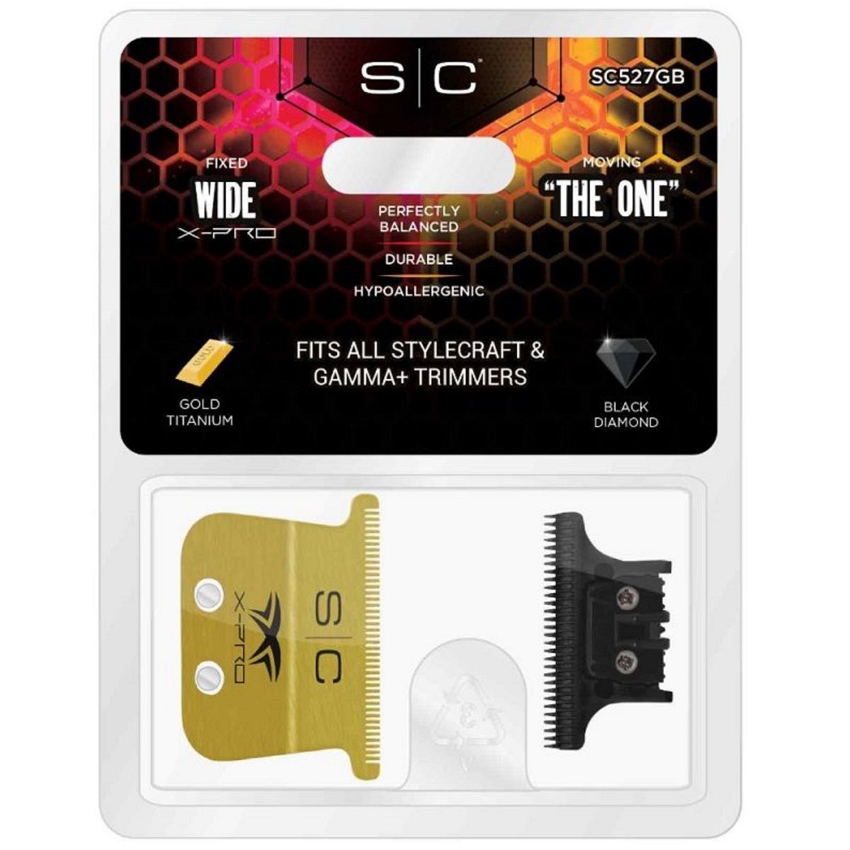 Stylecraft Replacement Fixed Gold Titanium X-Pro Wide Hair Trimmer Blade with The One Cutter Set
