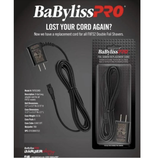 BaBylissPRO Replacement Power Cord Charger For FXFS2 Double Foil Shaver